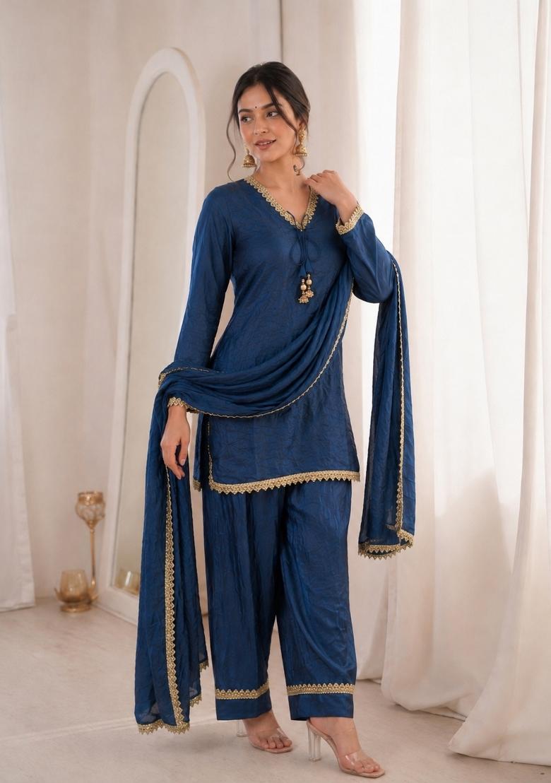 Blue Sequin Work Silk Blend Kurta Set - Indya