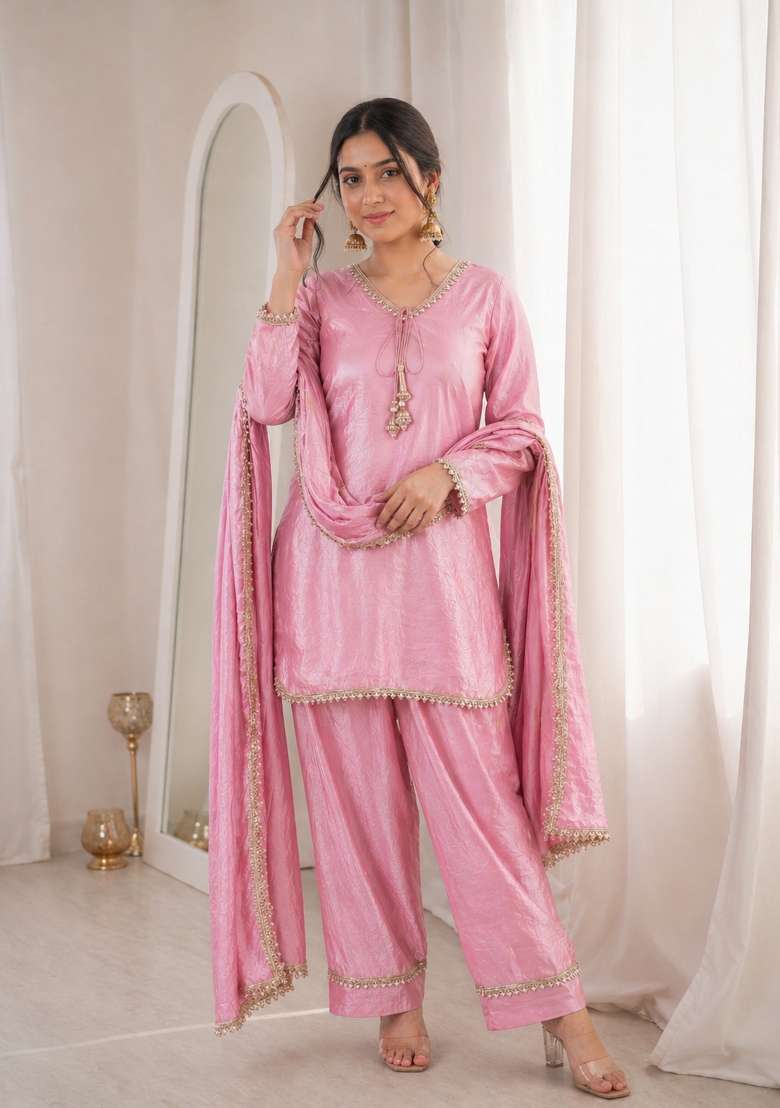 Pink Sequin Work Silk Blend Kurta Set - Indya