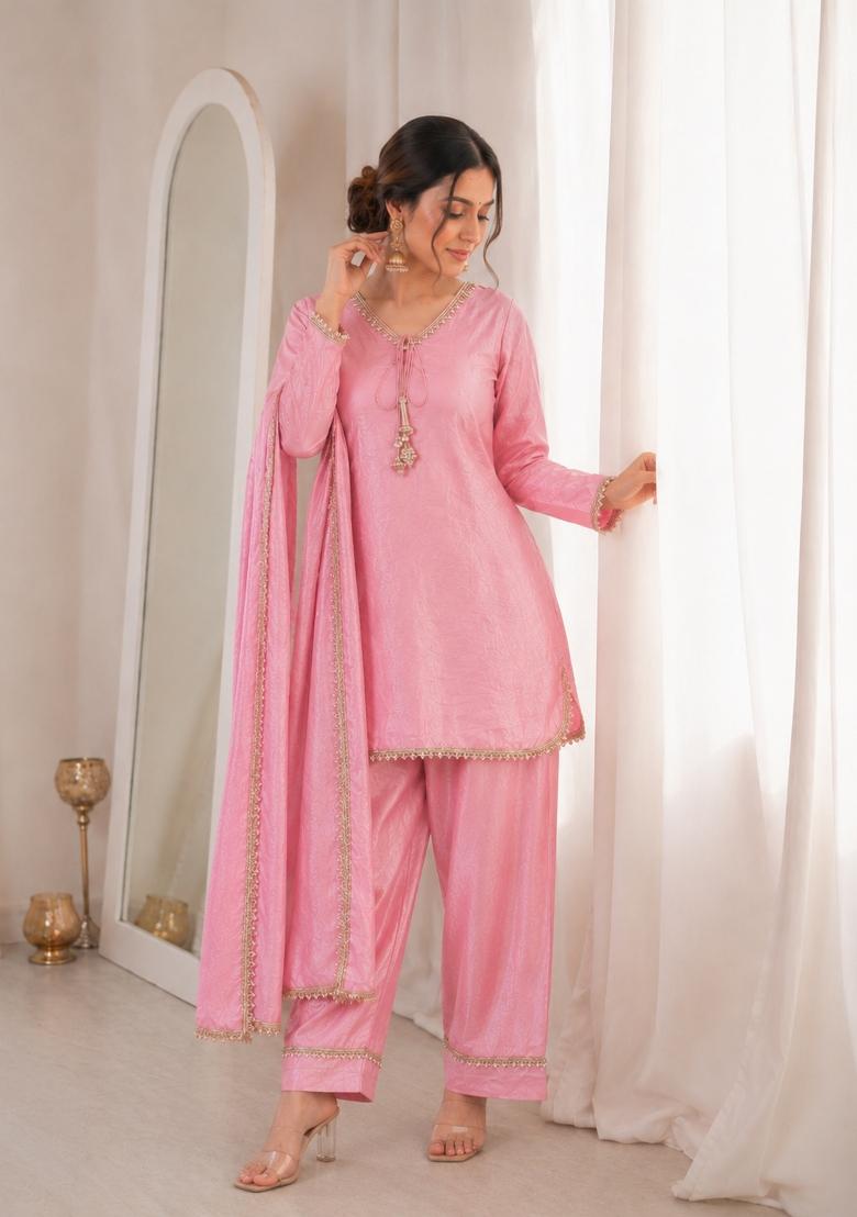 Pink Sequin Work Silk Blend Kurta Set - Indya