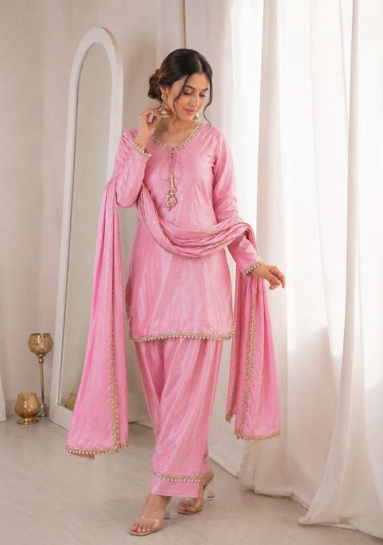 Pink Sequin Work Silk Blend Kurta Set - Indya