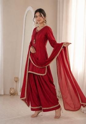Red Sequin Work Silk Blend Kurta Set