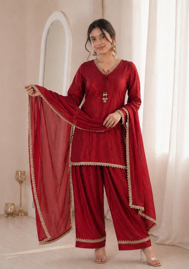 Red Sequin Work Silk Blend Kurta Set - Indya