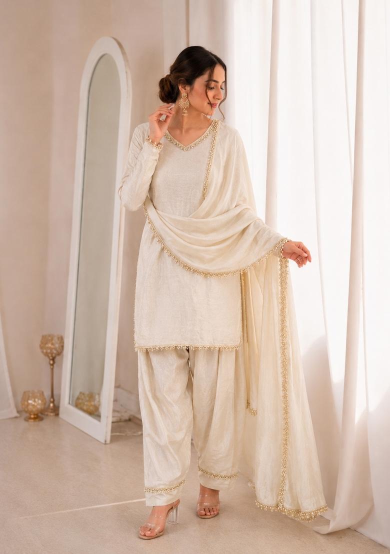 White Sequin Work Silk Blend Kurta Set - Indya