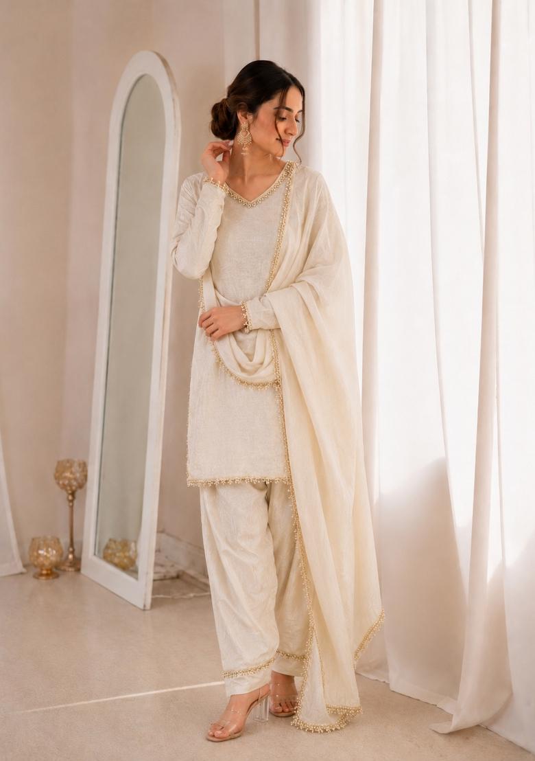 White Sequin Work Silk Blend Kurta Set - Indya