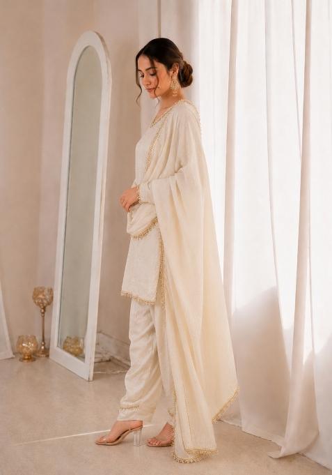 White Sequin Work Silk Blend Kurta Set