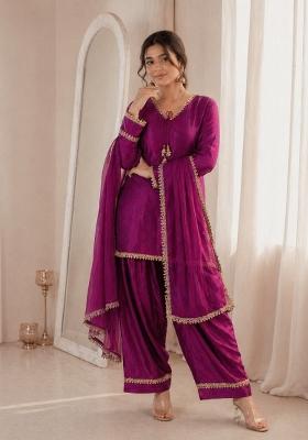 Wine Sequin Work Silk Blend Kurta Set