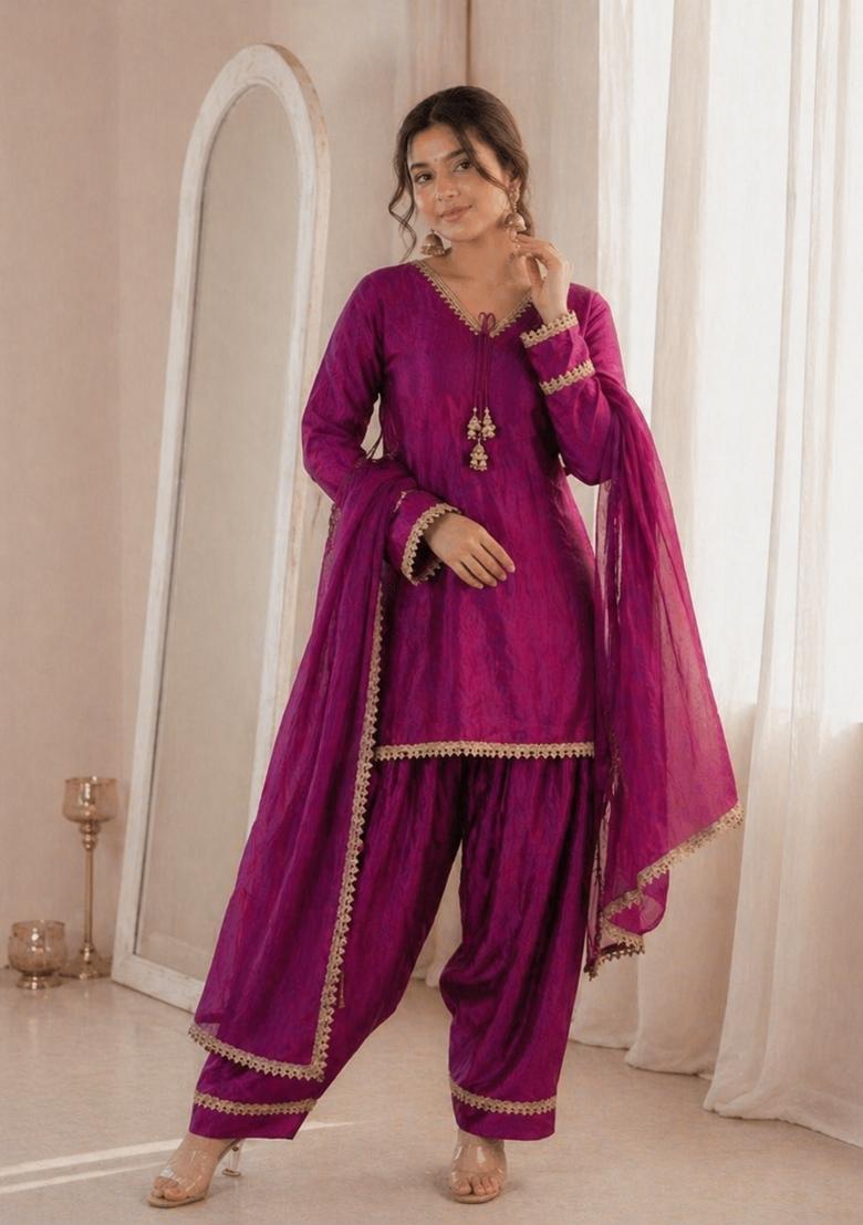 Wine Sequin Work Silk Blend Kurta Set - Indya