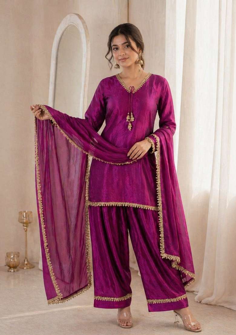 Wine Sequin Work Silk Blend Kurta Set - Indya