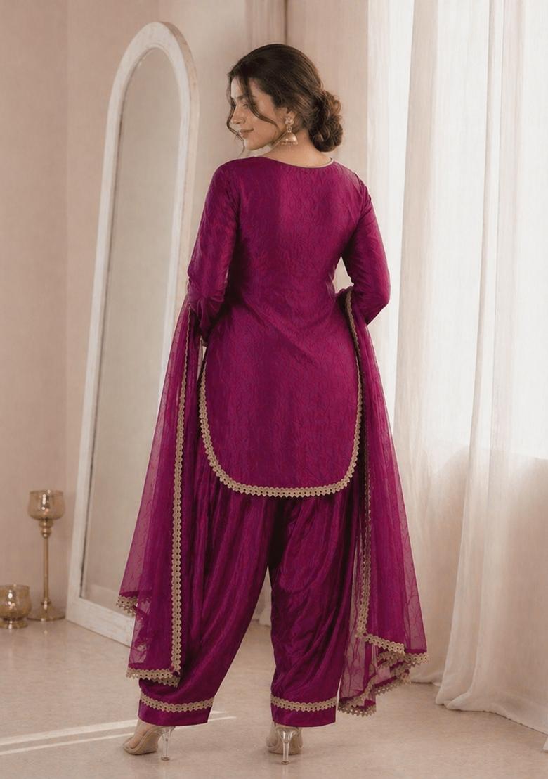 Wine Sequin Work Silk Blend Kurta Set - Indya