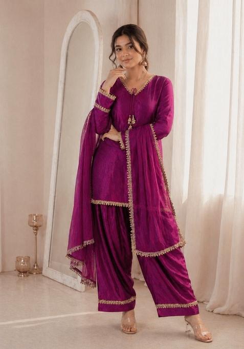 Wine Sequin Work Silk Blend Kurta Set