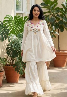 White Sequin Work Silk Blend Kurta Set