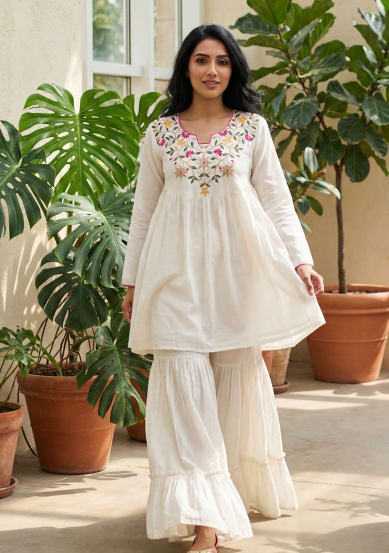White Sequin Work Silk Blend Kurta Set - Indya