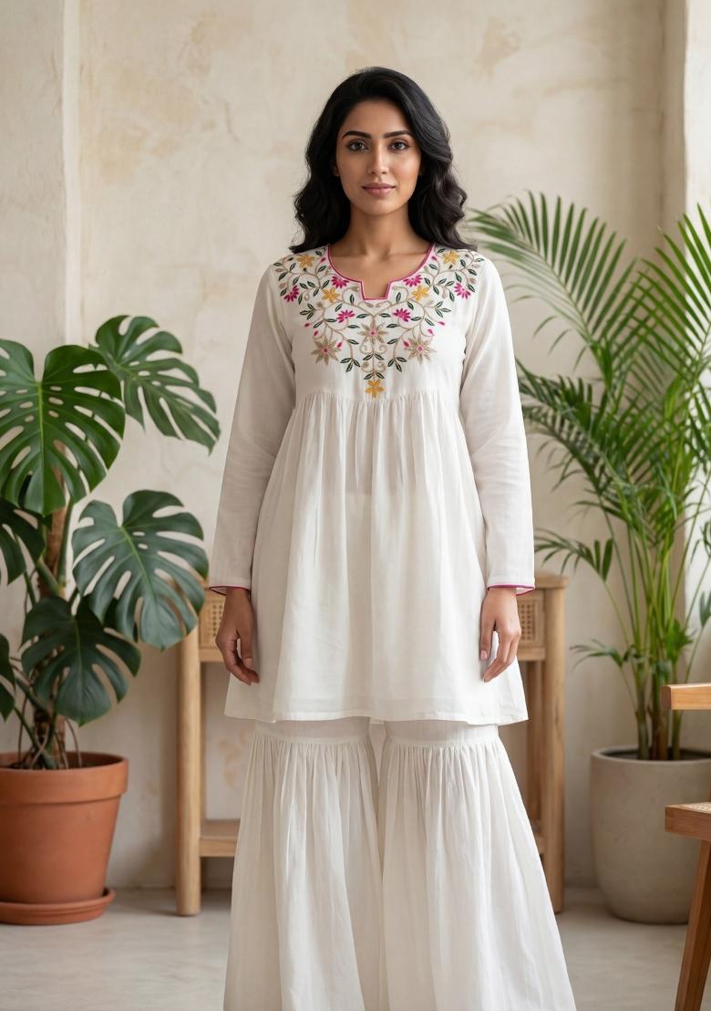 White Sequin Work Silk Blend Kurta Set - Indya