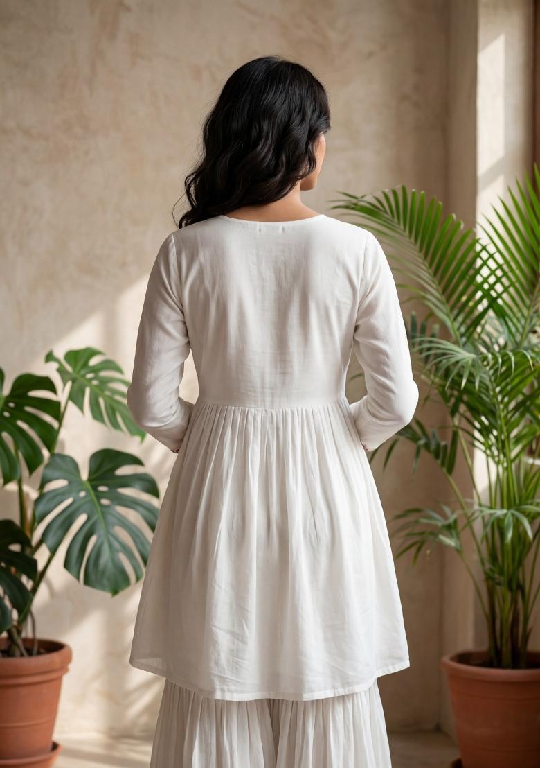 White Sequin Work Silk Blend Kurta Set - Indya