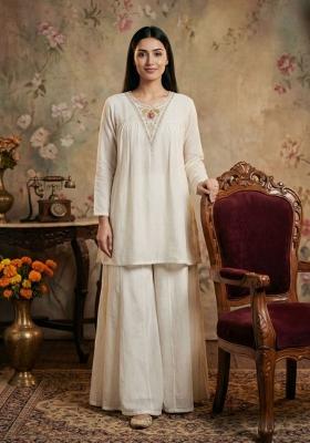 White Sequin Work Silk Blend Kurta Set