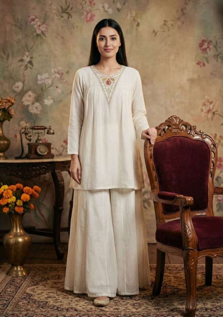 White Sequin Work Silk Blend Kurta Set - Indya