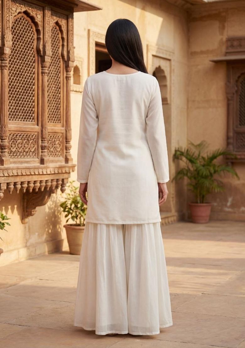 White Sequin Work Silk Blend Kurta Set - Indya