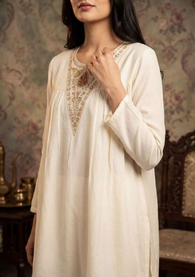White Sequin Work Silk Blend Kurta Set - Indya