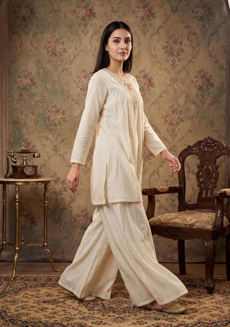 White Sequin Work Silk Blend Kurta Set - Indya