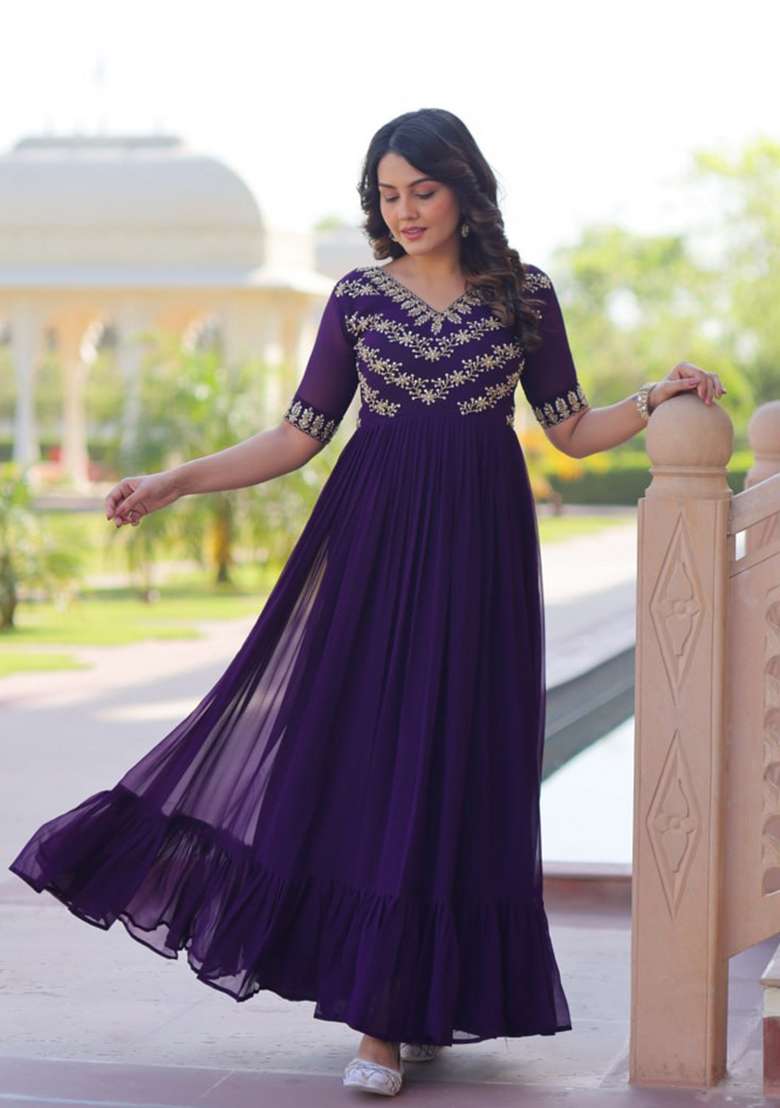 Purple Sequin Work Georgette Kurta - Indya