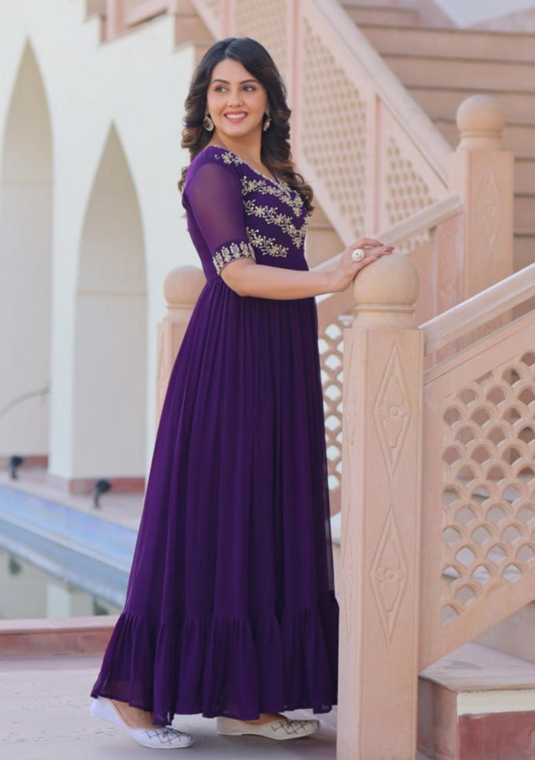 Purple Sequin Work Georgette Kurta - Indya