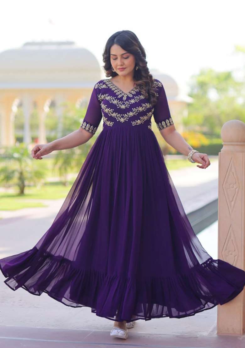 Purple Sequin Work Georgette Kurta - Indya
