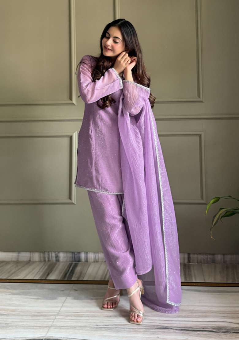 Lavender Sequin Work Silk Blend Kurta Set - Indya