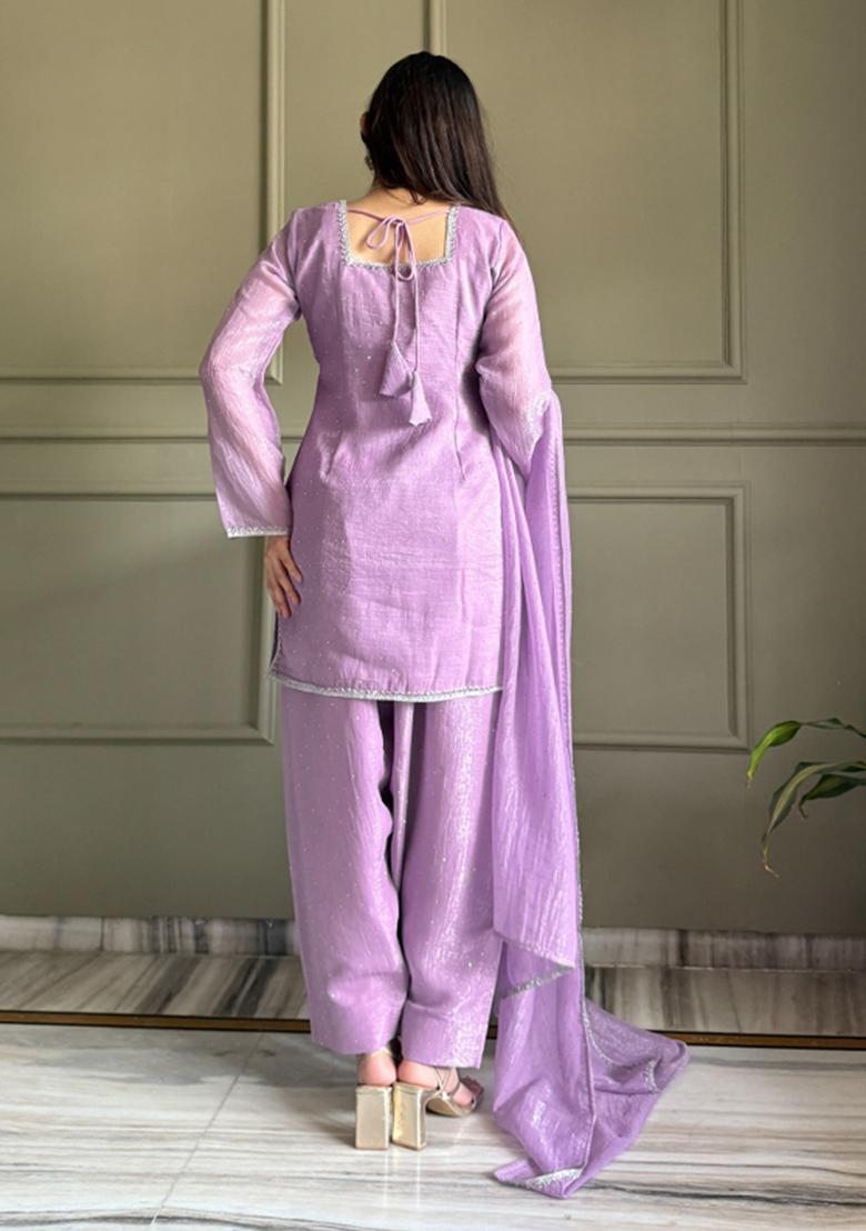 Lavender Sequin Work Silk Blend Kurta Set - Indya
