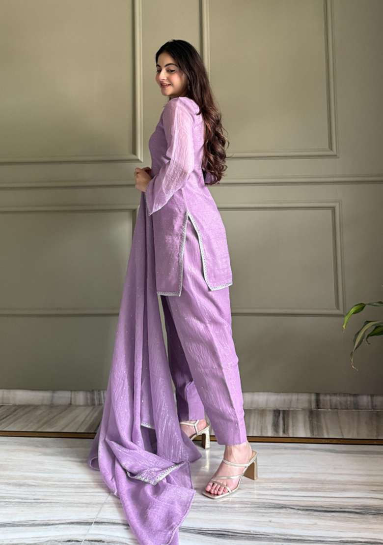 Lavender Sequin Work Silk Blend Kurta Set - Indya