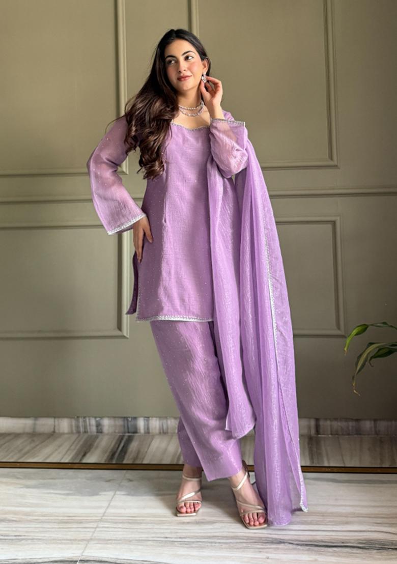 Lavender Sequin Work Silk Blend Kurta Set - Indya
