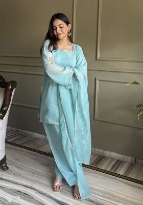 Sky Blue Sequin Work Silk Blend Kurta Set