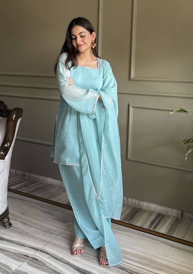 Sky Blue Sequin Work Silk Blend Kurta Set - Indya