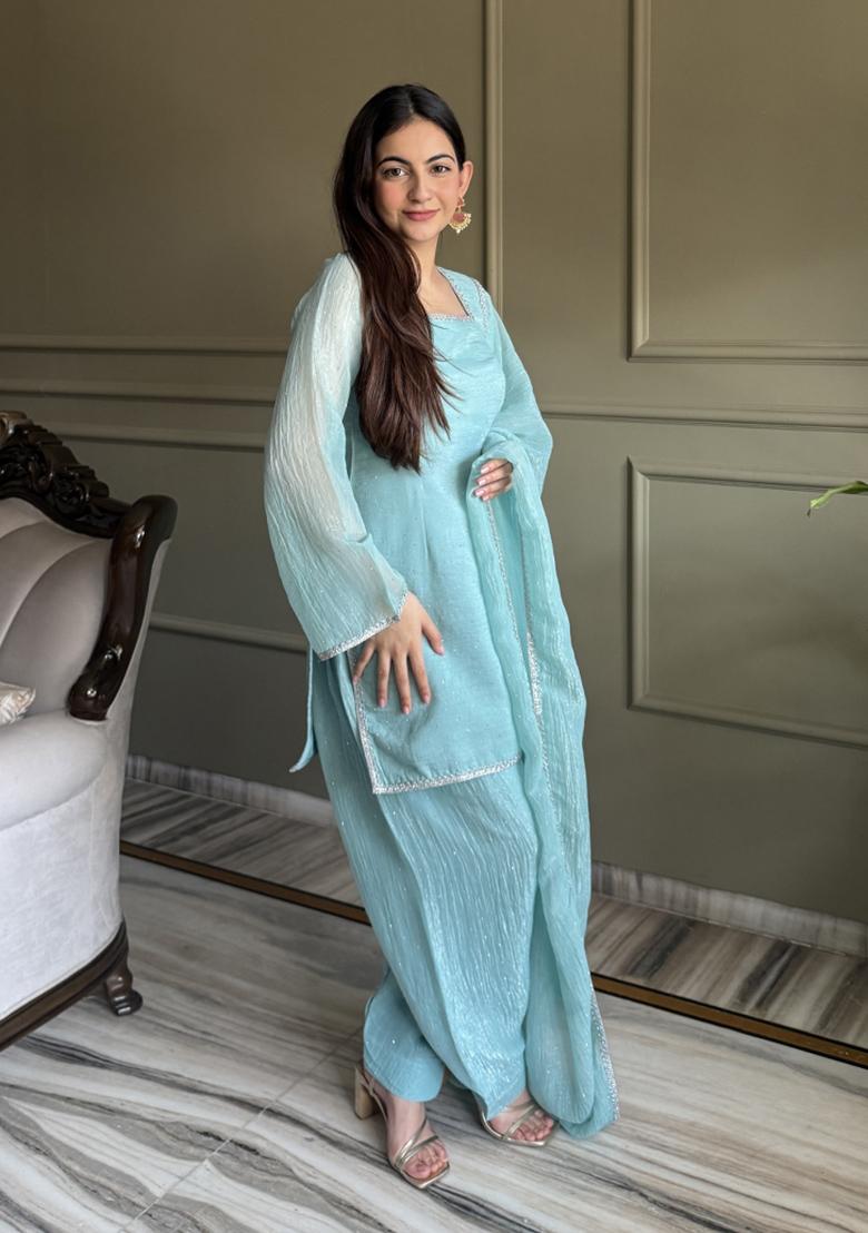 Sky Blue Sequin Work Silk Blend Kurta Set - Indya