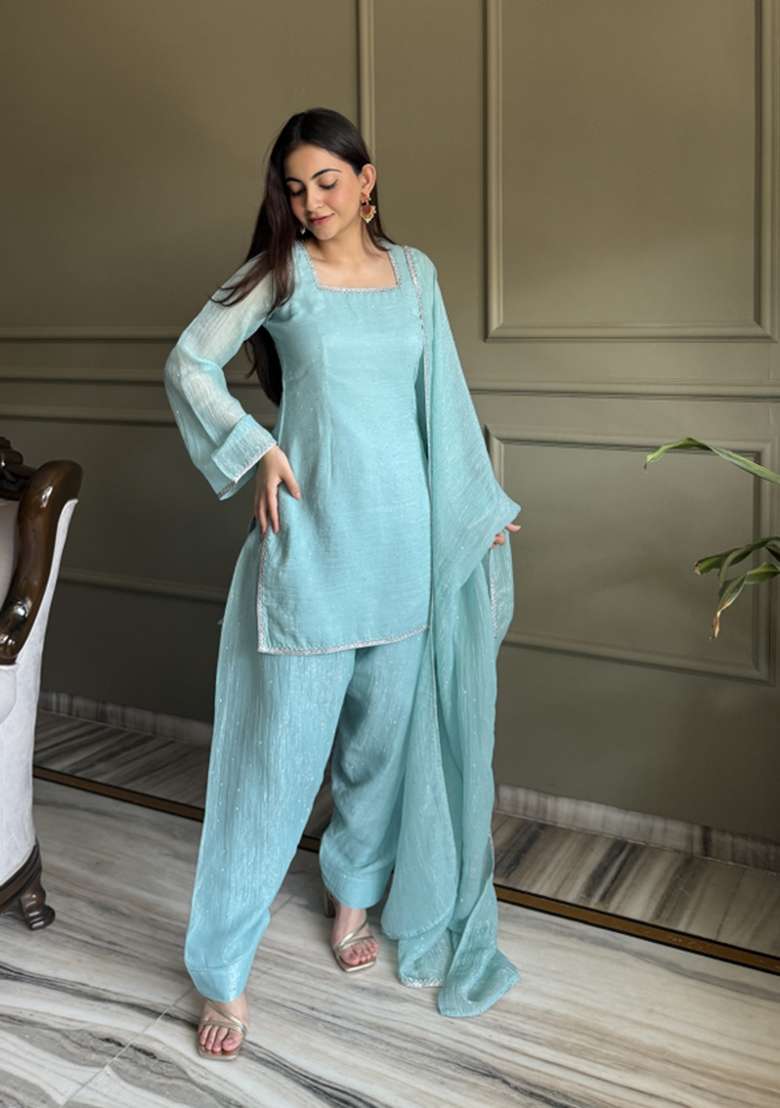 Sky Blue Sequin Work Silk Blend Kurta Set - Indya