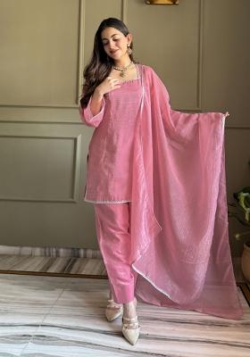 Peach Sequin Work Silk Blend Kurta Set