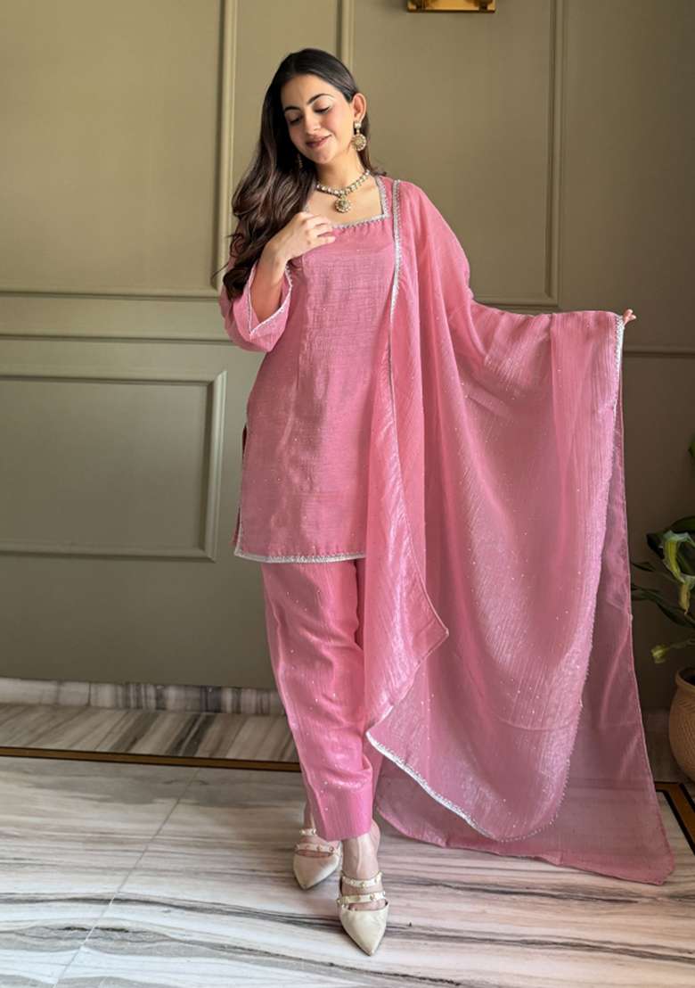 Peach Sequin Work Silk Blend Kurta Set - Indya