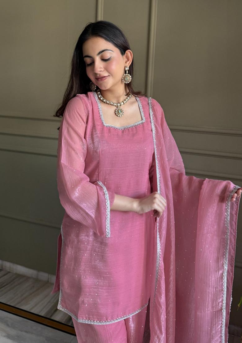 Peach Sequin Work Silk Blend Kurta Set - Indya