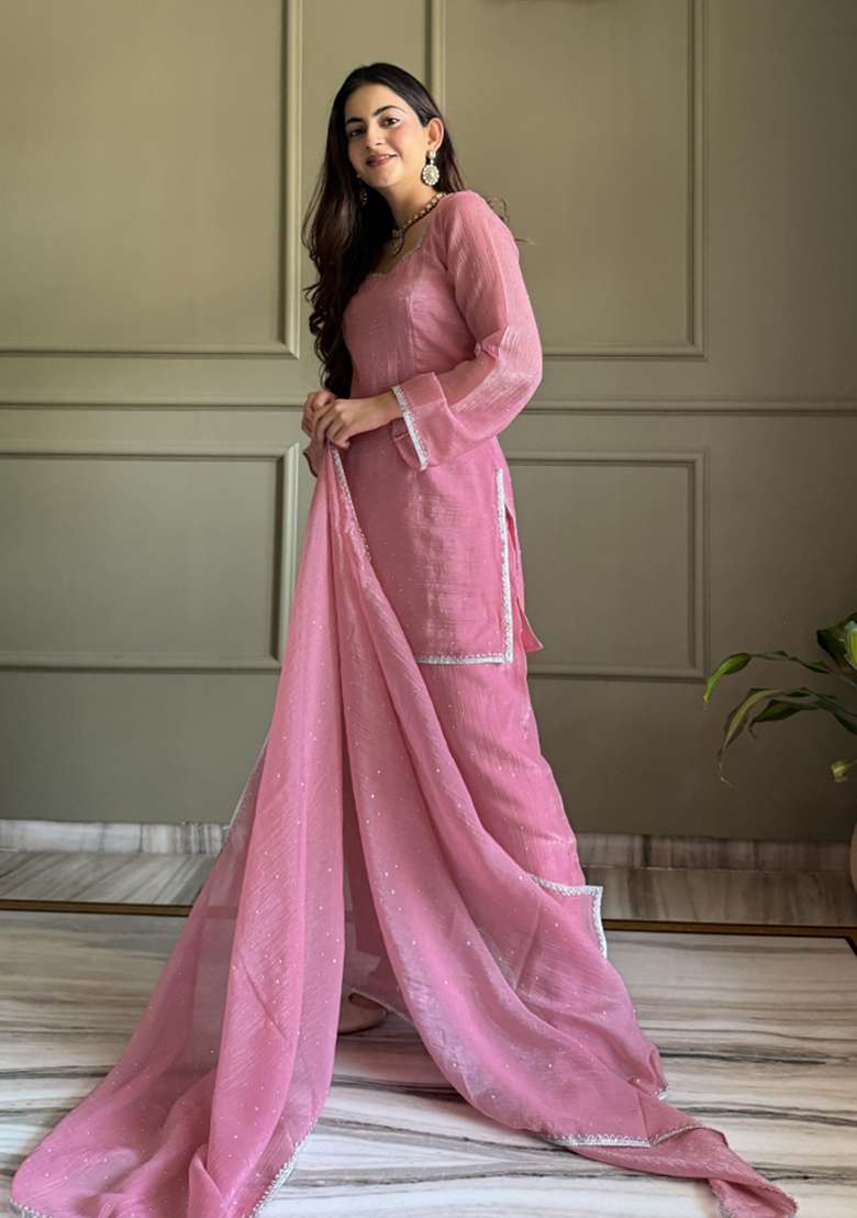 Peach Sequin Work Silk Blend Kurta Set - Indya