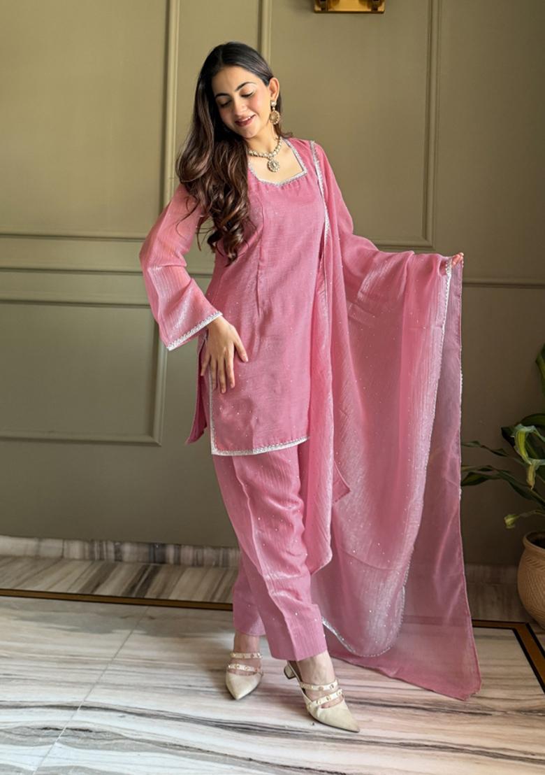 Peach Sequin Work Silk Blend Kurta Set - Indya