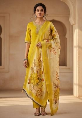 Yellow Sequin Work Silk Blend Kurta Set