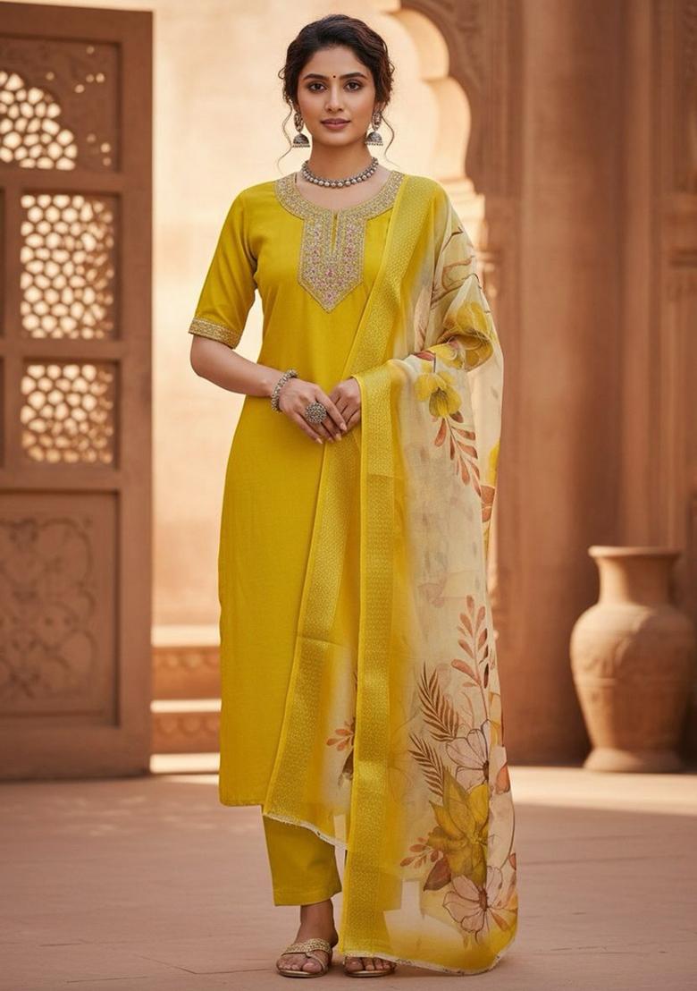 Yellow Sequin Work Silk Blend Kurta Set - Indya