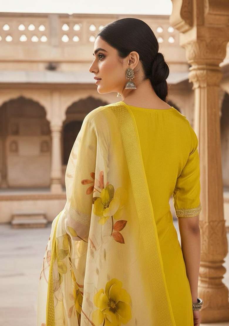 Yellow Sequin Work Silk Blend Kurta Set - Indya