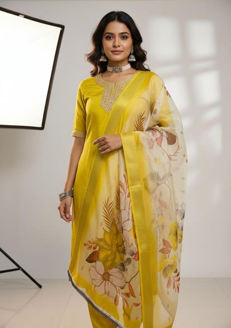 Yellow Sequin Work Silk Blend Kurta Set - Indya