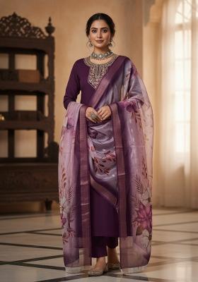 Wine Sequin Work Silk Blend Kurta Set