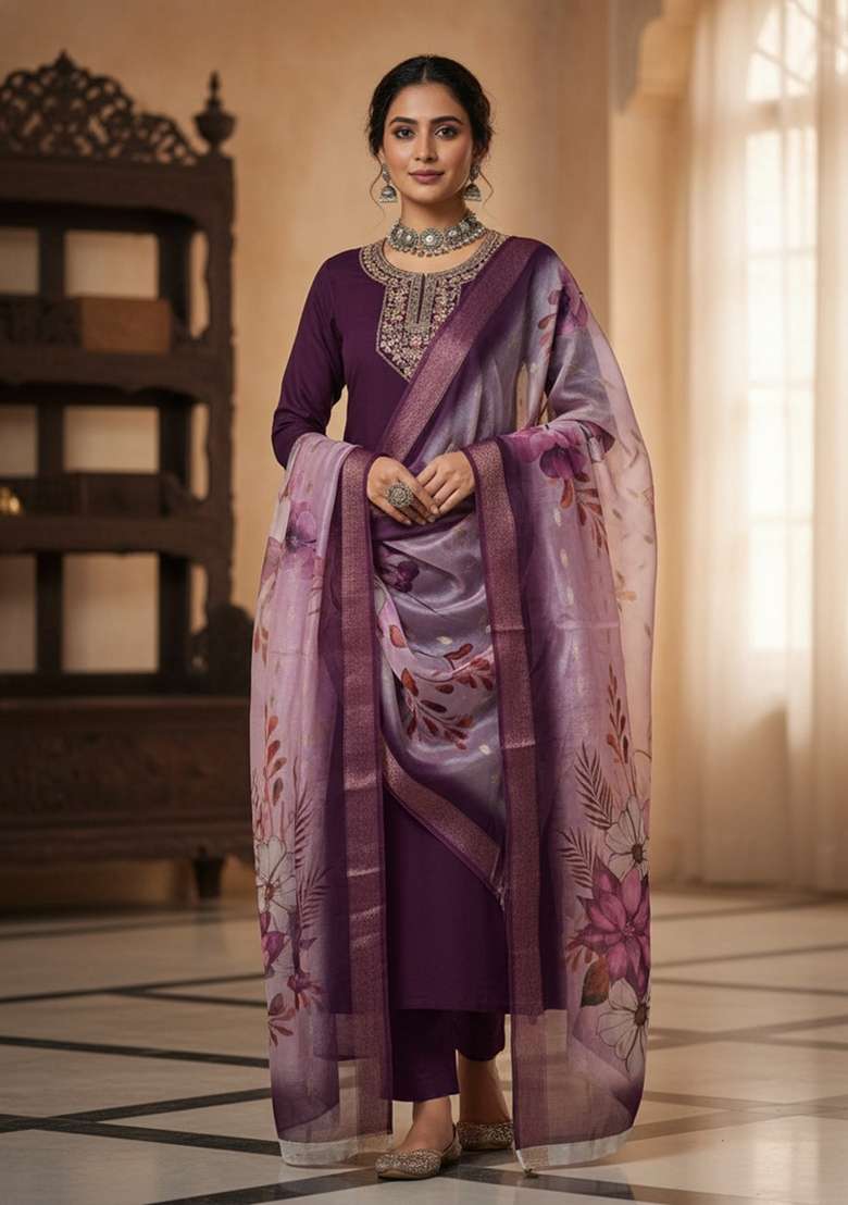 Wine Sequin Work Silk Blend Kurta Set - Indya