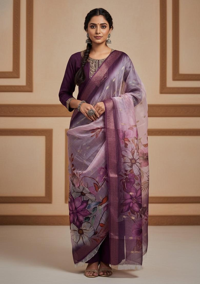 Wine Sequin Work Silk Blend Kurta Set - Indya