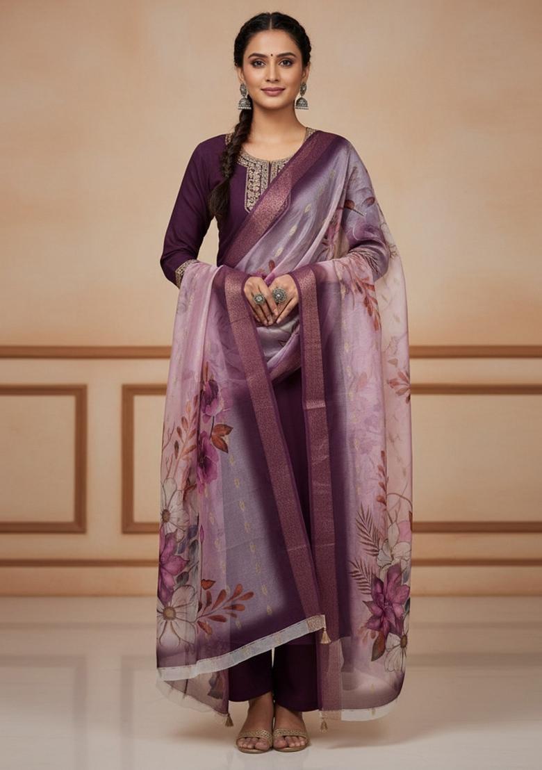 Wine Sequin Work Silk Blend Kurta Set - Indya