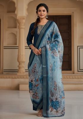 Blue Sequin Work Silk Blend Kurta Set