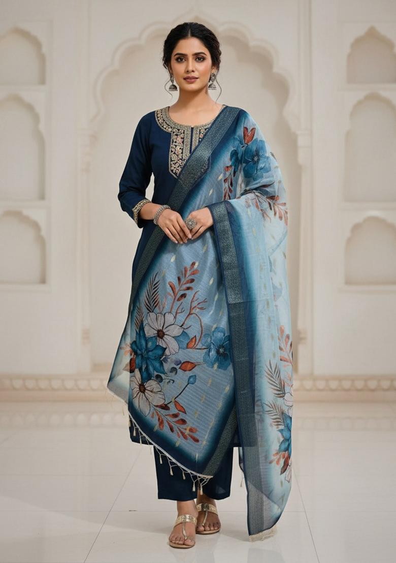 Blue Sequin Work Silk Blend Kurta Set - Indya