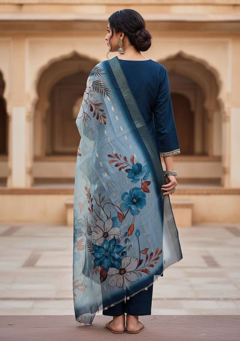 Blue Sequin Work Silk Blend Kurta Set - Indya